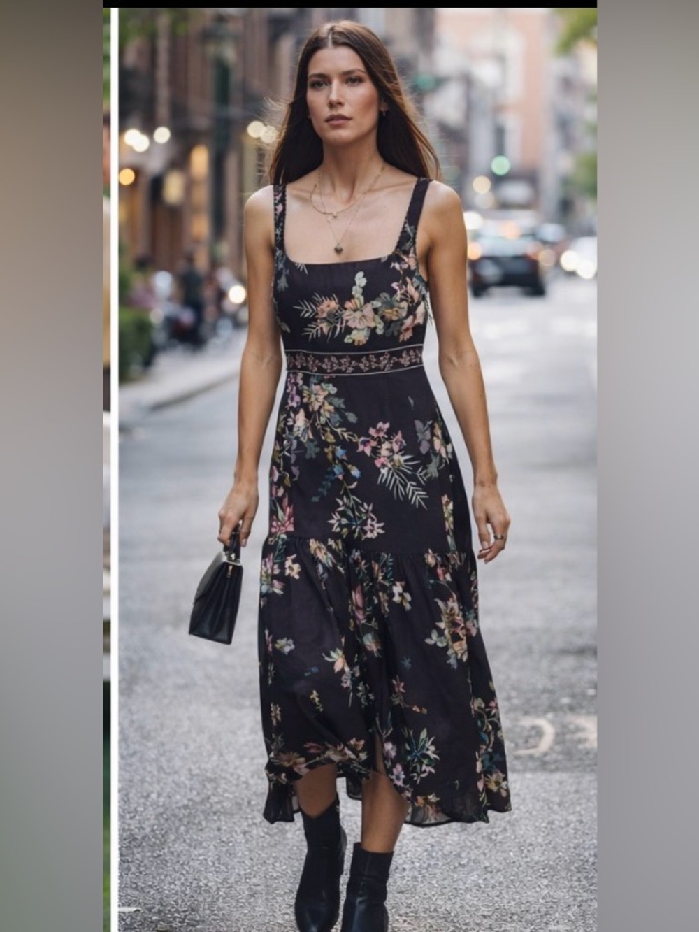 H&M Black Floral Midi Dress with Square Neck